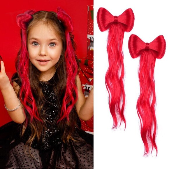 Ponytail Wig Red Bowknot Hair Extension 14 Inch 2 Pack for Party Style